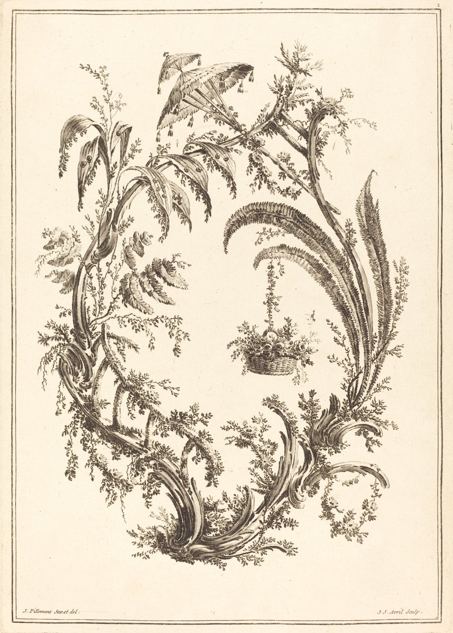 Ornament se slunečníkem a závěsným košem od Jean Jacques Avril I after Jean Baptiste Pillement