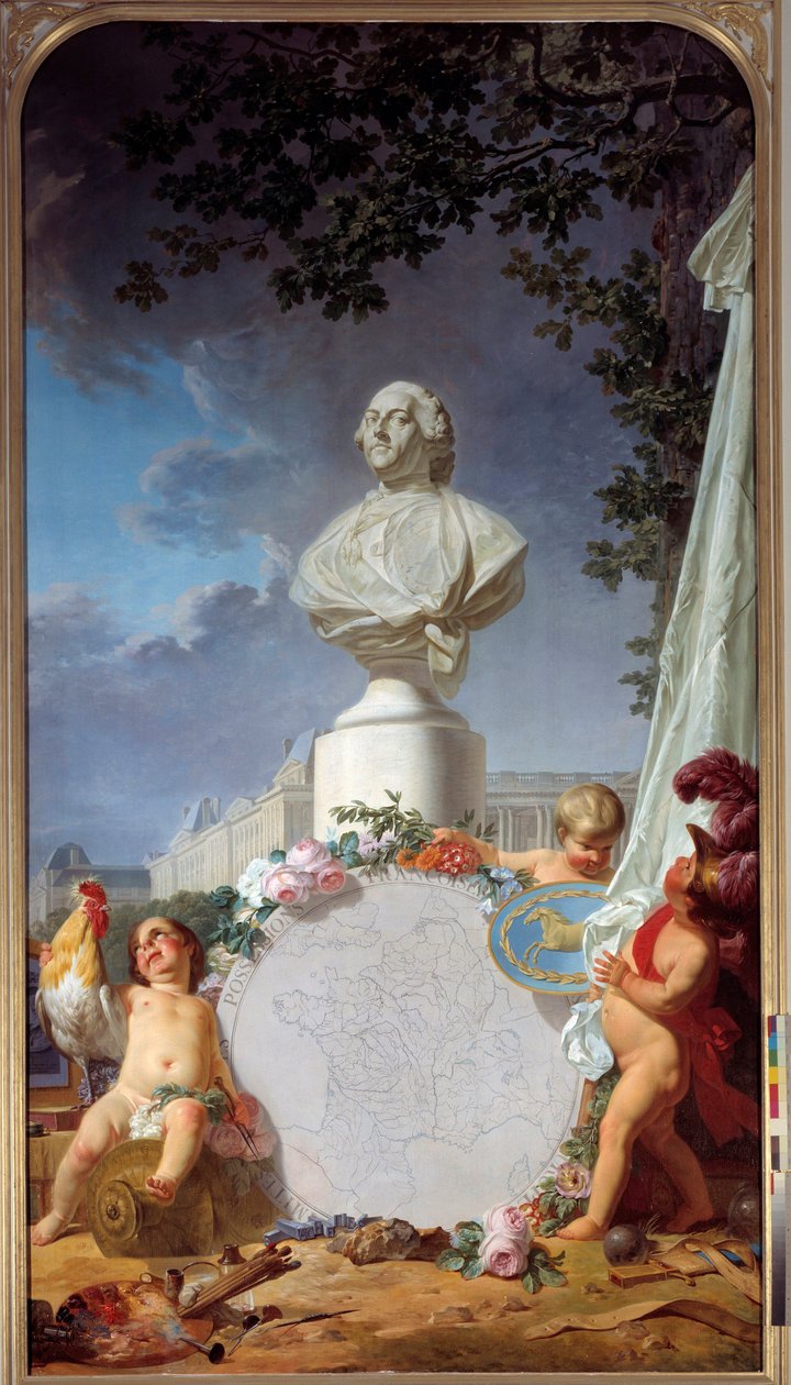 Učená Evropa Alegorické znázornění slávy Francie, busta Ludvíka XVI. (1754-1793) dominuje mapě francouzského majetku, kohouta, andělů a symbolů umění a věd. Obraz Jean Jacques Bachelier (1724-1806) 1762 Versaille od Jean Jacques Bachelier