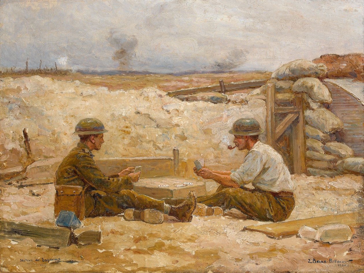 Dva britští důstojníci hrají karty před svým zákopem, Secteur de Bapaume, 1918-20 od Jean Jacques Berne Bellecour