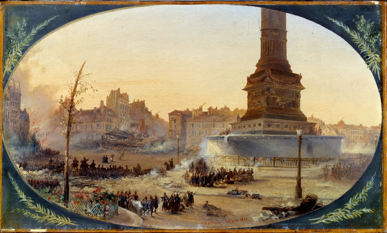 Revoluce 1848: “” Pohled na Place de la Bastille a barikádu vchodu do Faubourg Saint Antoine the 25/06/1848” Malba na marouflovém papíře od Jeana Jacquese Champina (1796-1860) 1848 Sun. 0,28 x 0,43 m Paříž, Musee Carnavalet od Jean Jacques Champin