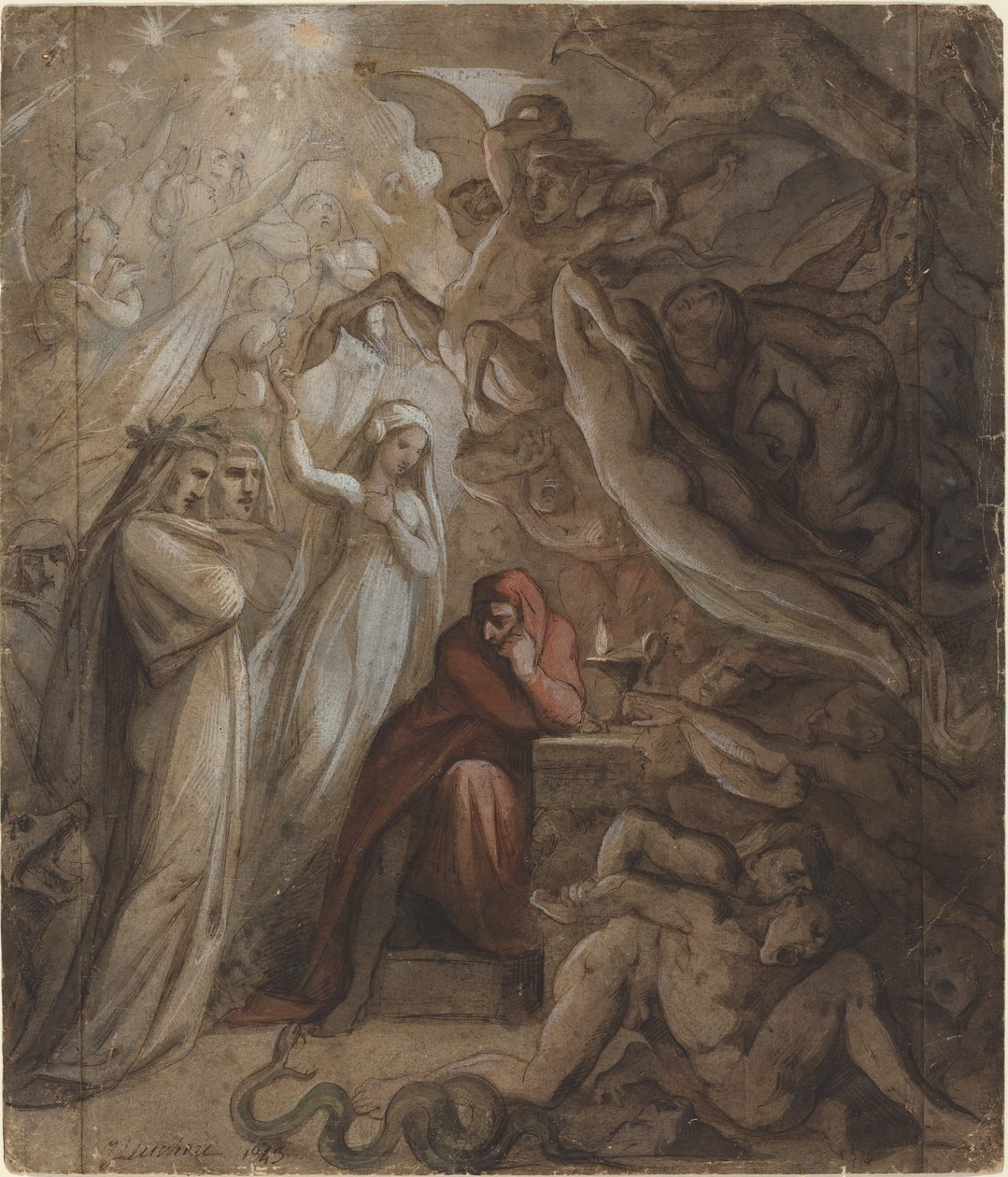 Dante medituje o "božské komedii" od Jean Jacques Feuchere