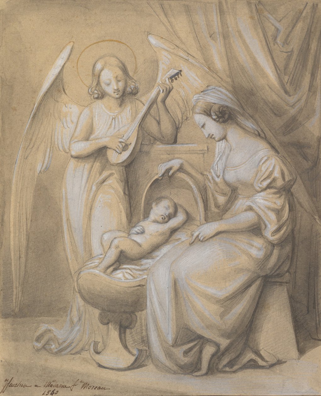 Panna a dítě zbožňované andělem hrajícím na loutnu, 1820-52. od Jean Jacques Feuchere