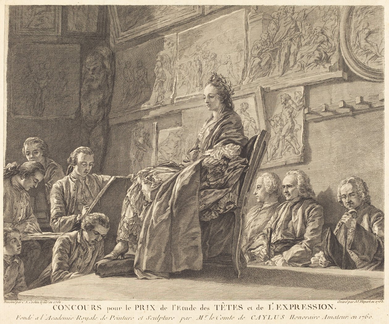 Soutěž o cenu za studium hlav a výrazu od Jean Jacques Flipart after Charles Nicolas Cochin II