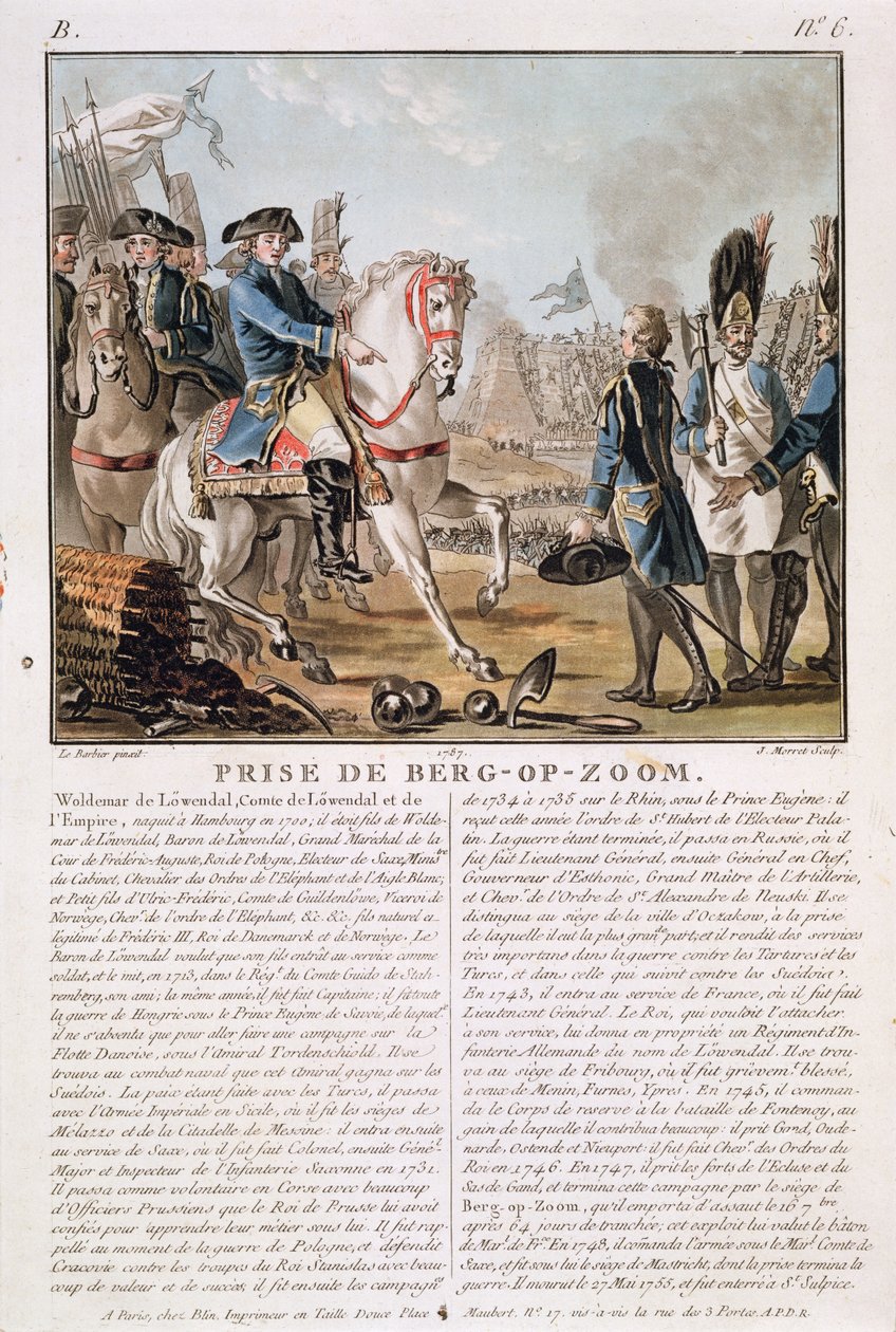 The Taking of Berg-op-Zoom, Nizozemsko, 1747, vyryl Jean Baptiste Morret (fl. 1790-1820), 1787 od Jean Jacques Francois Le Barbier