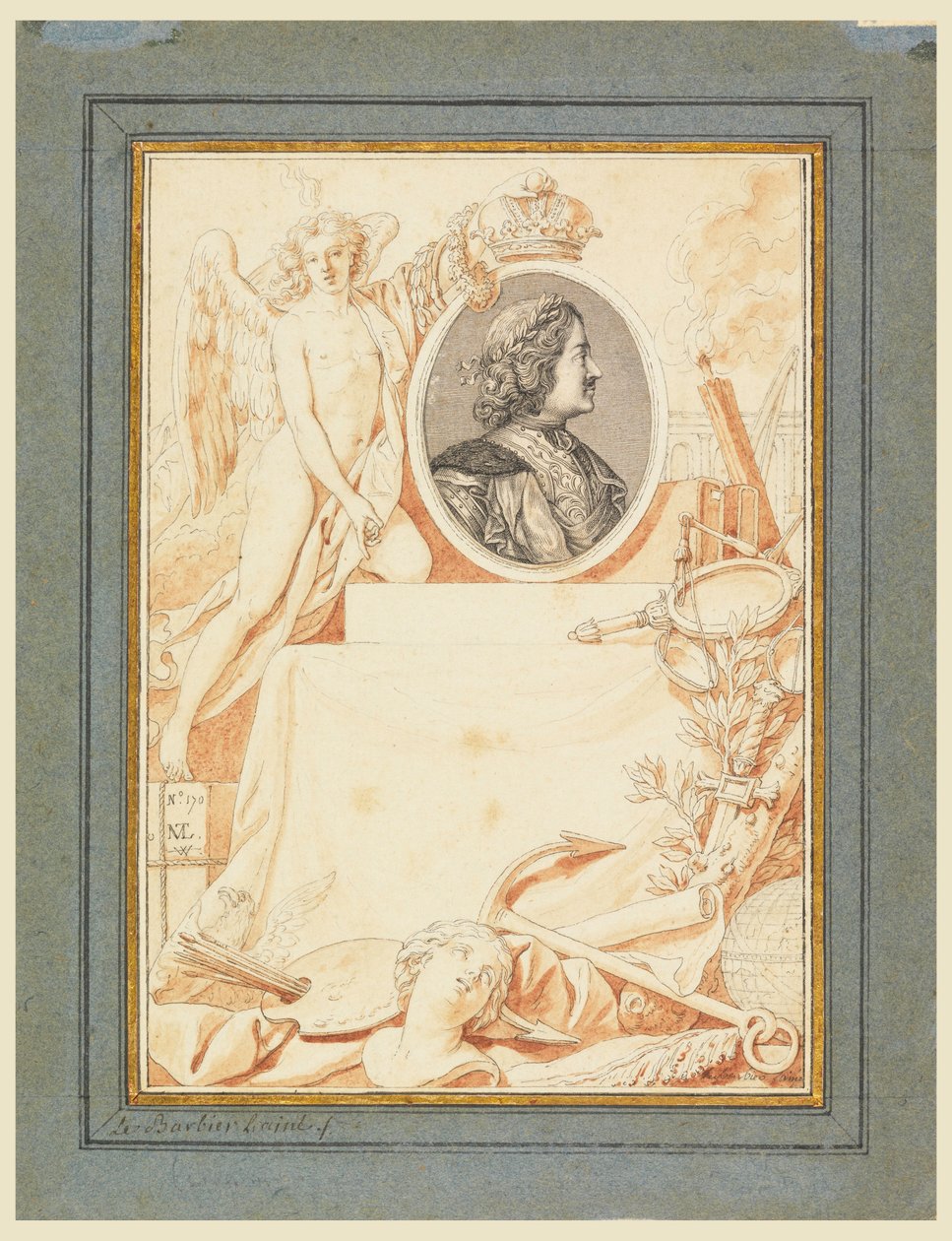 Kresba, frontispis k Dějinám Petra Velikého, asi 1780 od Jean Jacques Francois Le Barbier