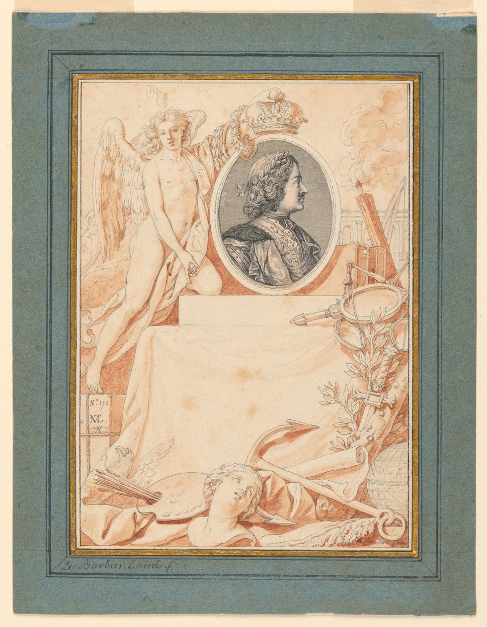 Kresba, frontispis k Dějinám Petra Velikého, asi 1780 od Jean Jacques Francois Le Barbier