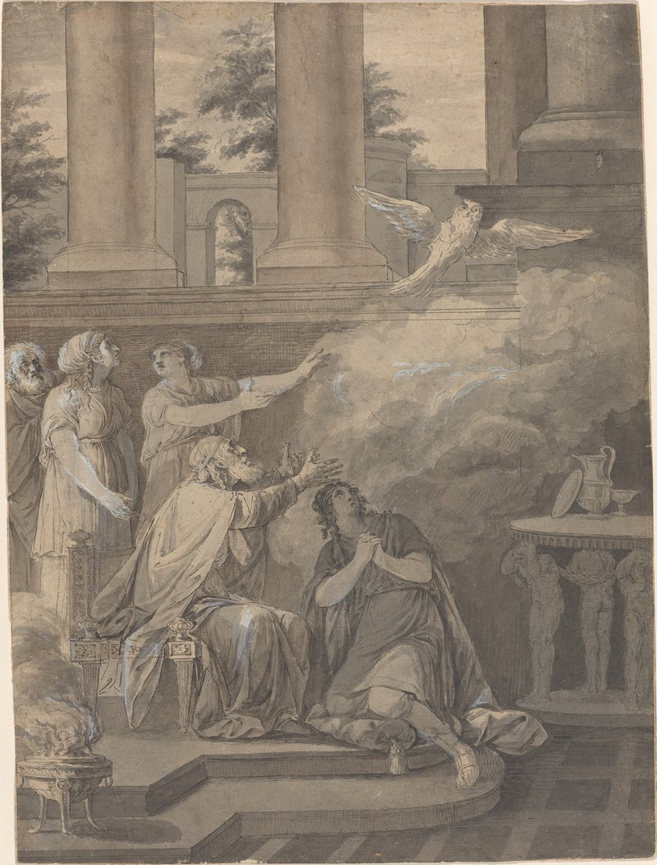 Pallas Athene v podobě ptáka opouštějícího Nestora a Telemacha od Jean Jacques François Le Barbier I
