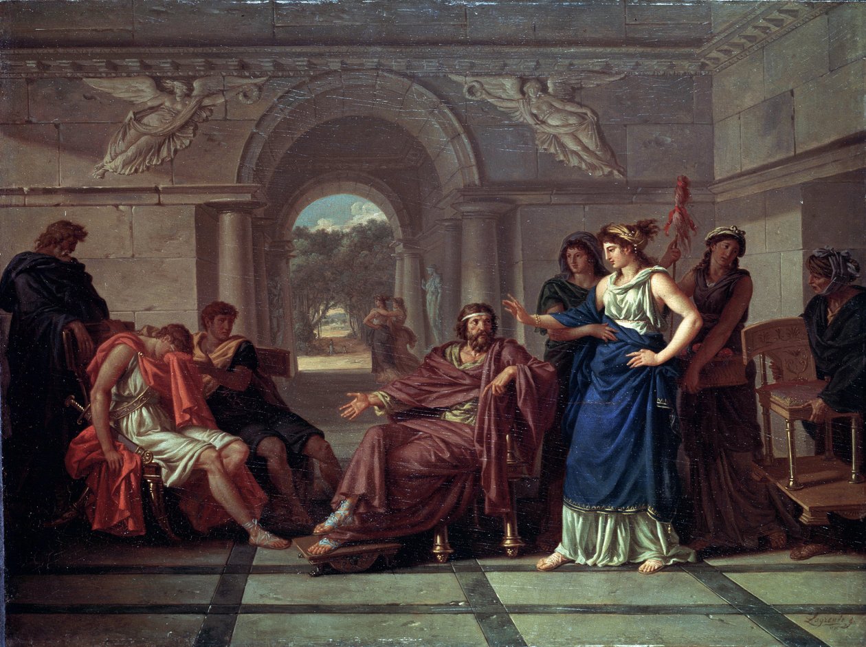 Helen rozpoznávající Telemacha, syna Odyssea (Helen Recognizing Telemachus, Son of Odysseus). Scéna z řecké mytologie, v Homérově Odyssey (konec 8. století před naším letopočtem). Obraz Jean Jacques Lagrenee (1739-1821), olej na dřevě od Jean Jacques II Lagrenee