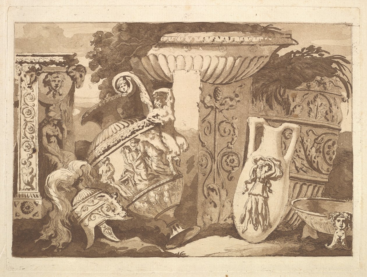 Kompozice se starožitnými fragmenty a šikmou vázou, z Recueil de Compositions..., 1782-84. od Jean Jacques Lagrenee
