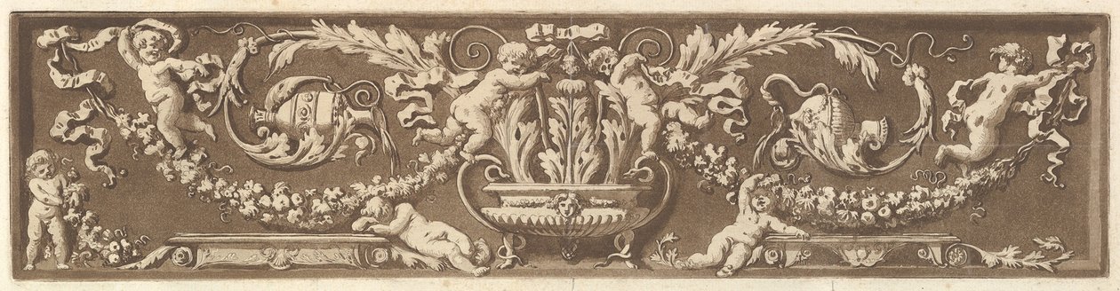 Okrasný vlys s putti, listy akantu a girlandami z ovoce, z Recueil de Diff..., 1784. od Jean Jacques Lagrenee