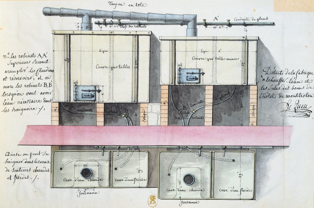 Návrh systému ohřevu vody v hotelu de Montholon v Paříži, cca 1787 (čb na papíře) od Jean Jacques Lequeu