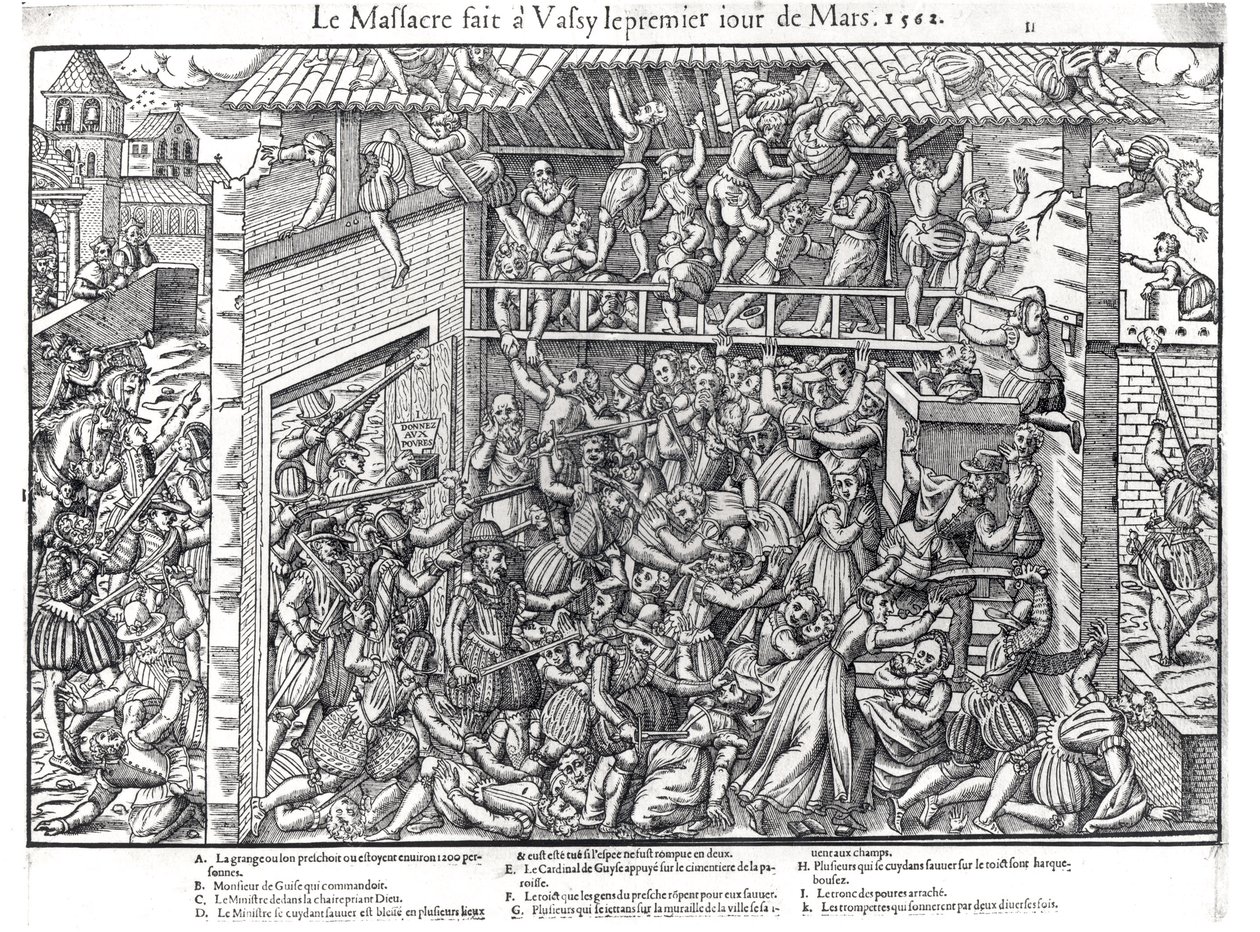 Masakr protestantského obyvatelstva vojsky vévody de Guise ve Wassy-sur-Blaise, 1. března 1562, vyryl Jacques Tortorel (1568-92) od Jean Jacques Perrissin