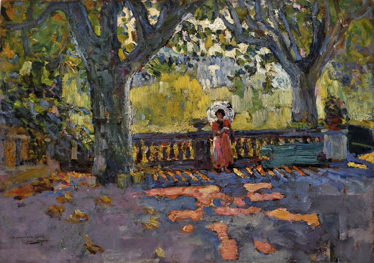 Mladá žena má deštník na stinné terase. Obraz Jean-Jacques Roque (Jean Jacques Roque od Jean Jacques Roque