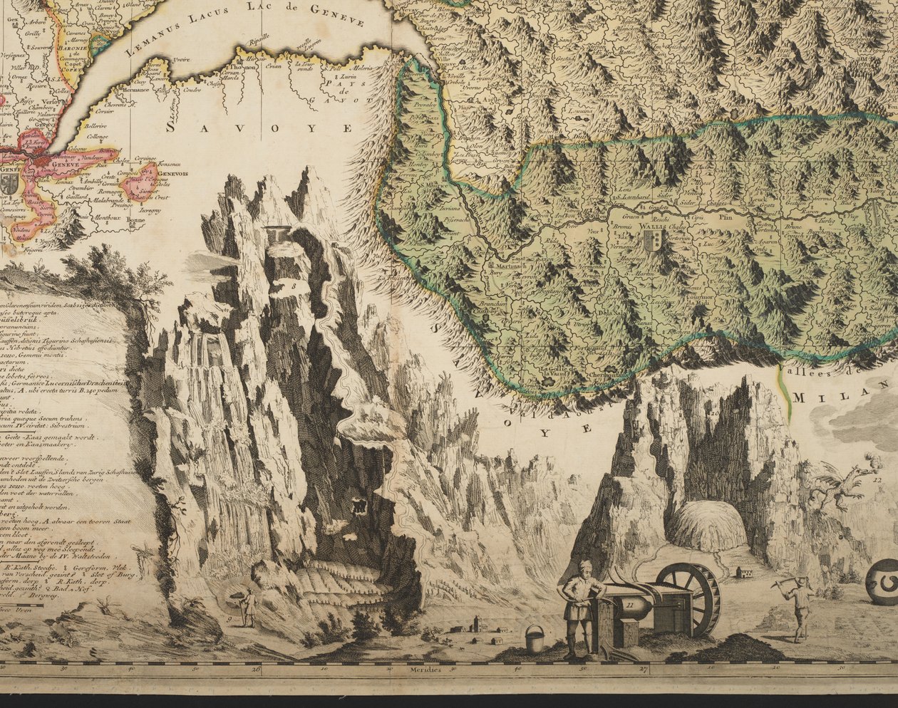 Nová mapa Švýcarska s nejslavnějšími a nejmocnějšími kantony a veřejnými záležitostmi reformovaného náboženství Tigurina, Bern, Glarus, Basilej, Scafusiana, opat Cellana, detail, kolem 1712 (ručně kolorovaný tisk) od Jean Jacques Scheuchzer