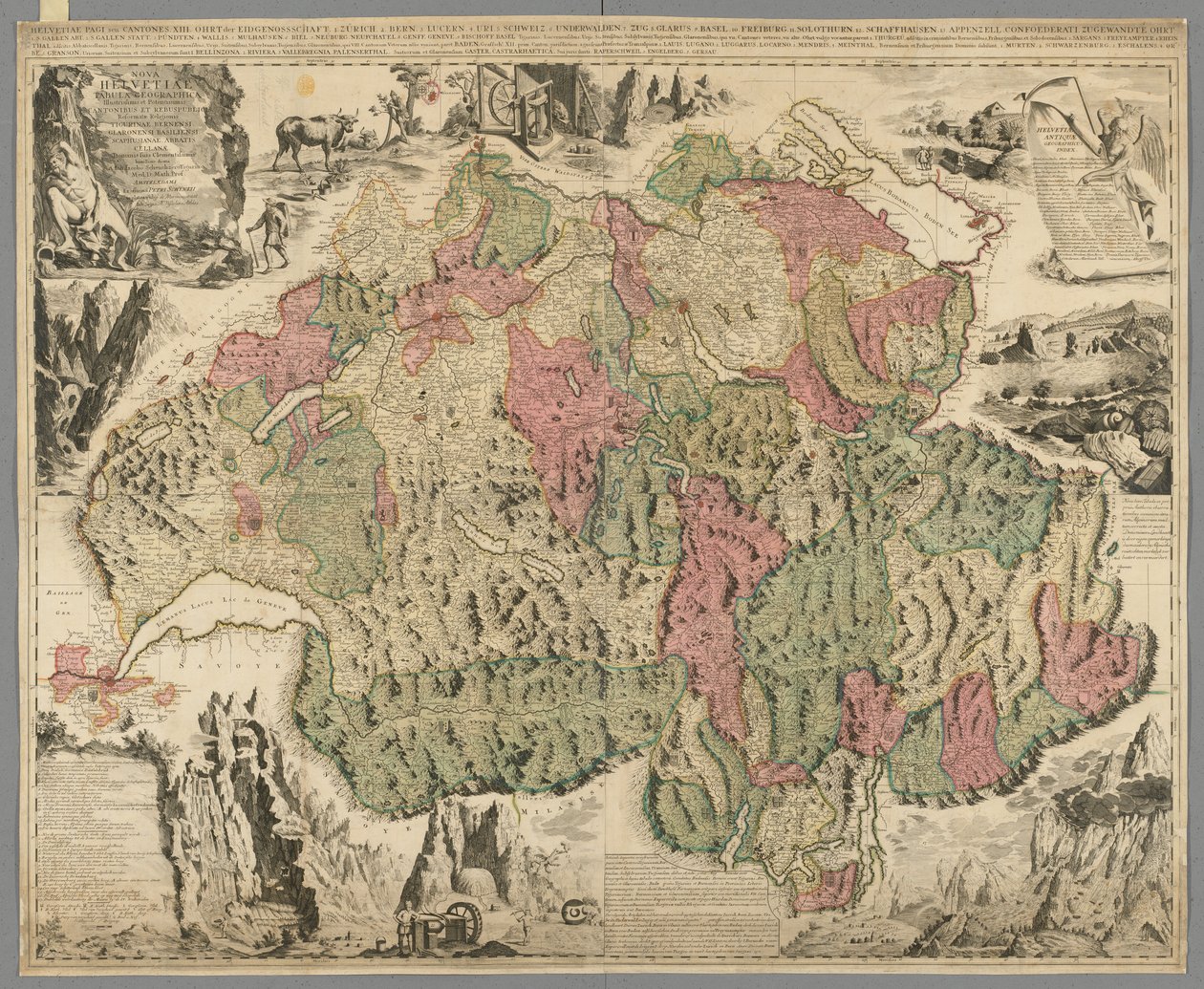 Nová mapa Švýcarska s nejslavnějšími a nejmocnějšími kantony a veřejnými záležitostmi reformovaného náboženství Tigurina, Bern, Glarus, Basilej, Scafusiana, opat Cellana, kolem roku 1712 (ručně kolorovaný tisk) od Jean Jacques Scheuchzer