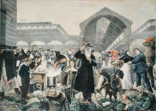 Stánek s polévkou na trhu Les Halles v dopoledních hodinách, ilustrace z Le Petit Journal, 2. března 1897, vyryto Fortune-Louis Meaulle (1844-1901) od Jean Jacques after Rousseau