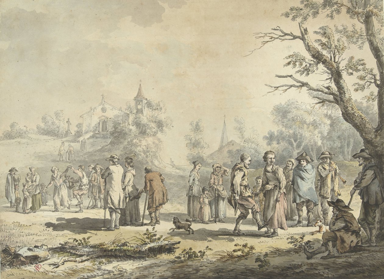 Tančící sedláci a diváci na vesnici Vesnice La Fete du (název na objektu) od Jean Jacques de Boissieu