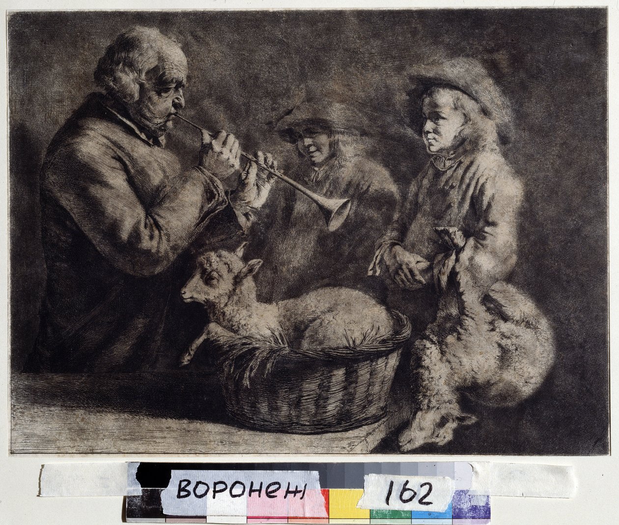 ""Hobojista"" (hobojista) Hudebník hrající na hoboj před dvěma pastýři. Dřevoryt Jean Jacques de Boissieu (1736-1810) 1772 Ivan Kramskoy (nebo Kramskoi) Muzeum výtvarného umění ve Voroněži (Voronezh), Rusko. od Jean Jacques de Boissieu