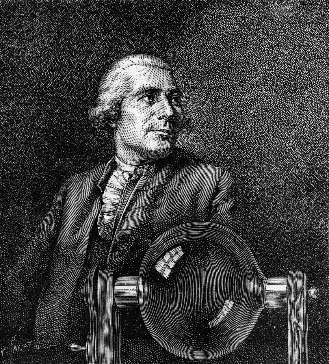 Portrét Josepha de Montgolfiera (1740-1810), francouzského průmyslníka, vynálezce horkovzdušného balónu. (Z portrétu Boissieu, v Musee de Lyon). Rytí do „“ Příroda: přehled věd a jejich aplikací v umění a průmyslu ““ od Jean Jacques de Boissieu