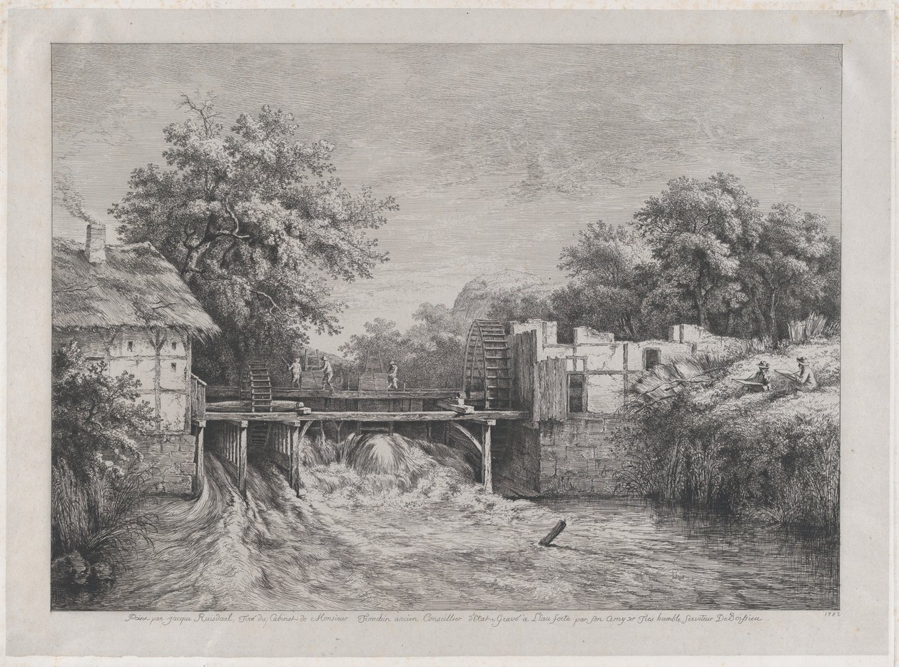 Vodní mlýn, podle malby od Ruisdaëla, 1782. od Jean Jacques de Boissieu
