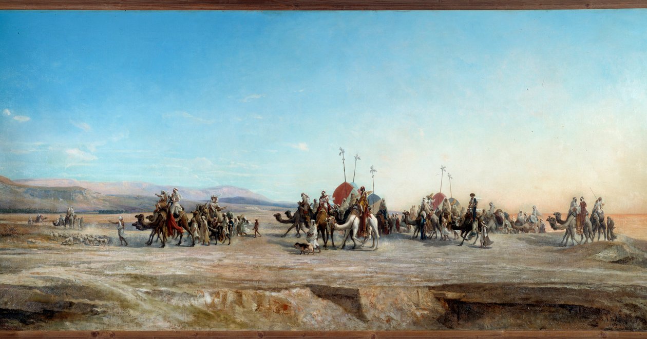 Hledá kempovací karavany nomádů a velbloudů v poušti. Obraz Jean Joseph Bellel (1816-1898) Montpellier 19. století, Musee Fabre - Hledá se tábor. Kočovné karavany a velbloudi v poušti. Obraz Jean Joseph Bellel (1816-1898) od Jean Joseph Bellel