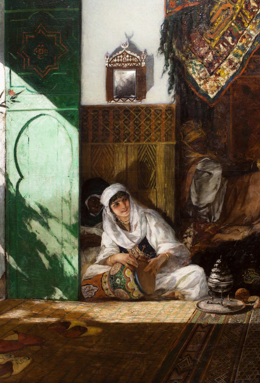 Interiér harému v Maroku, detail: žena hrající na derbouku od Jean Joseph Benjamin Constant