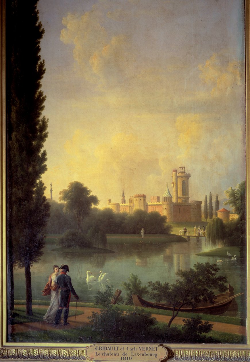 Zámek Laxembourg (Rakousko), v popředí rakouský císař a arcivévodkyně Marie Louise. Obraz Josepha Bidaulta (1758-1846) od Jean Joseph Bidault