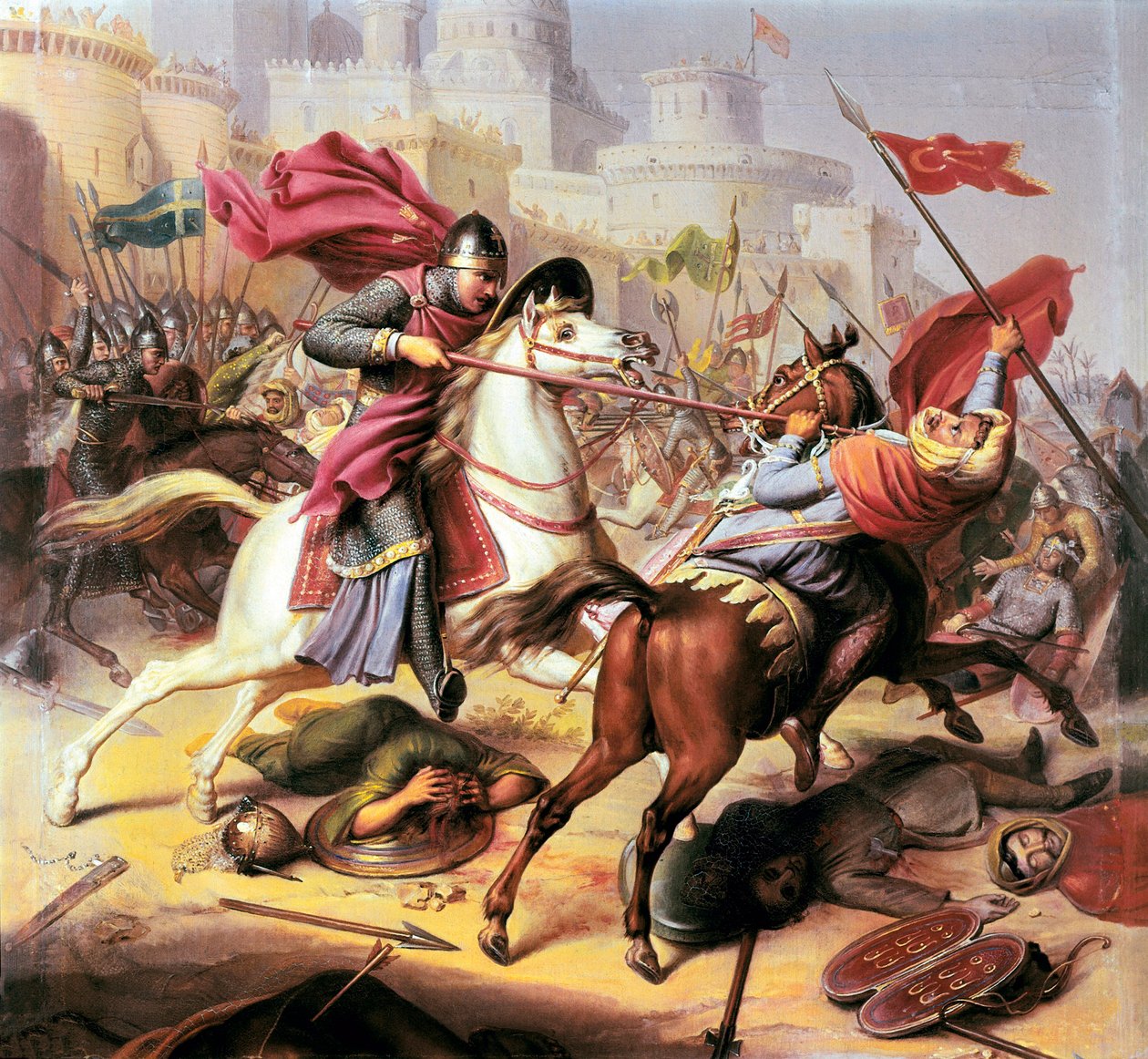 první křížová výprava: ""Robert II vévoda z Normandie jménem Robert Courthouse bojující proti muslimskému vojákovi během obléhání Antioche v letech 1098 - 1838 od Jean Joseph Dassy