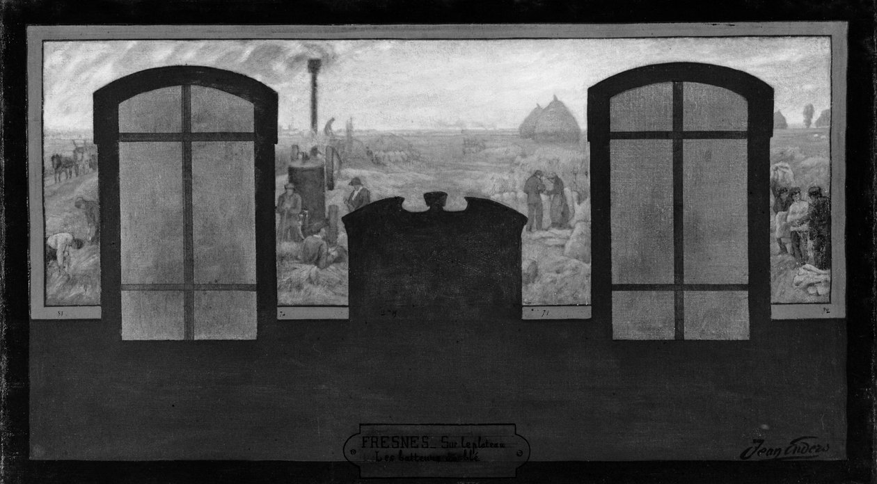 Skica k radnici ve Fresnes: Sur le plateau - Les batteurs de blé, v roce 1905 (olej na plátně) od Jean Joseph Enders
