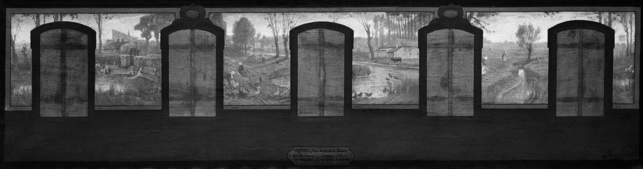 Skica radnice ve Fresnes: Břehy řeky Bièvre. Fresnes. Na břehu řeky Bièvre. Prádelny. Třídičky mouky. Nájemní farmy. Sklizeň řepy od Jean Joseph Enders