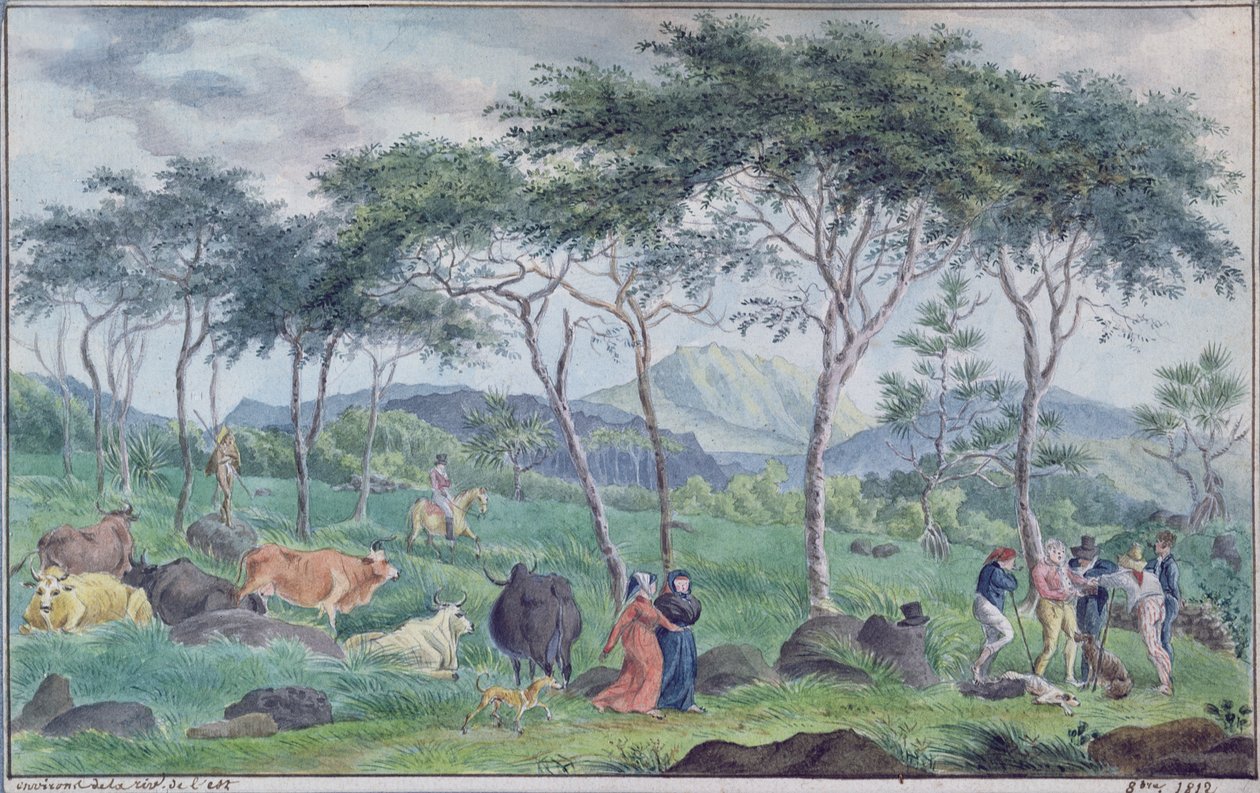 Stádo dobytka s pastevci u řeky na východě ostrova Ile de la Reunion, říjen 1812 od Jean Joseph Patu de Rosemont