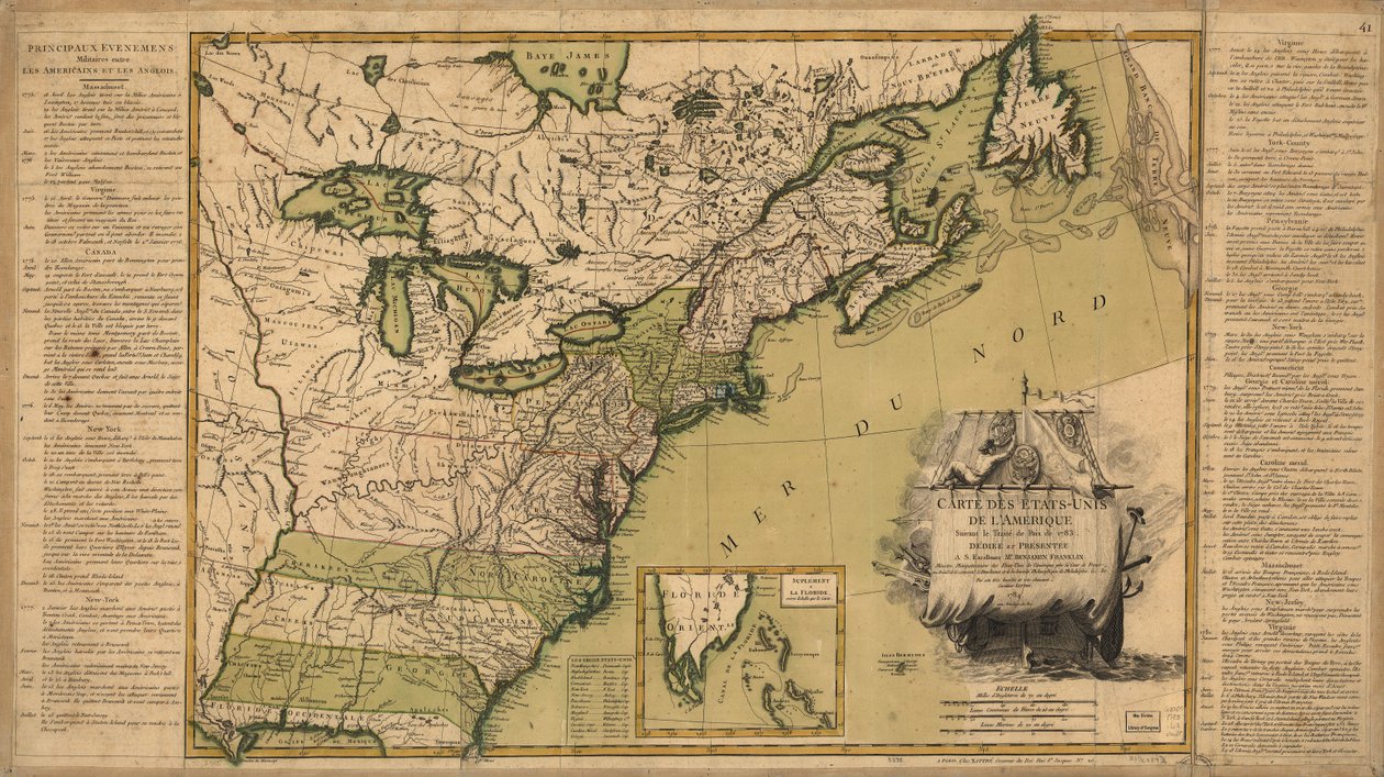 Mapa Spojených států amerických po mírové smlouvě z roku 1783. od Jean Lattré