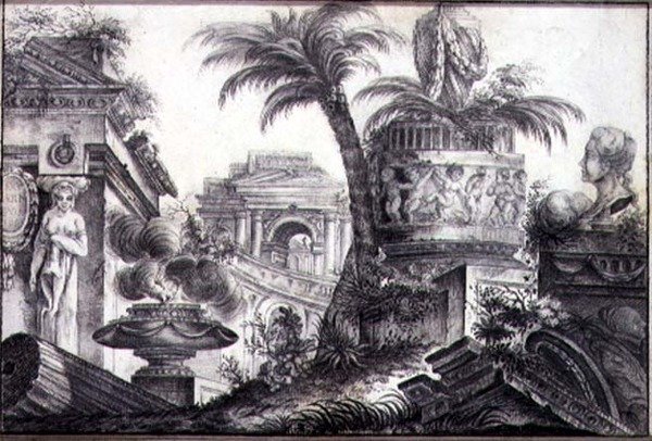 An Architectural Fantasy, cca 1760 (uhl a tužka na papíře) od Jean Laurent Legeay