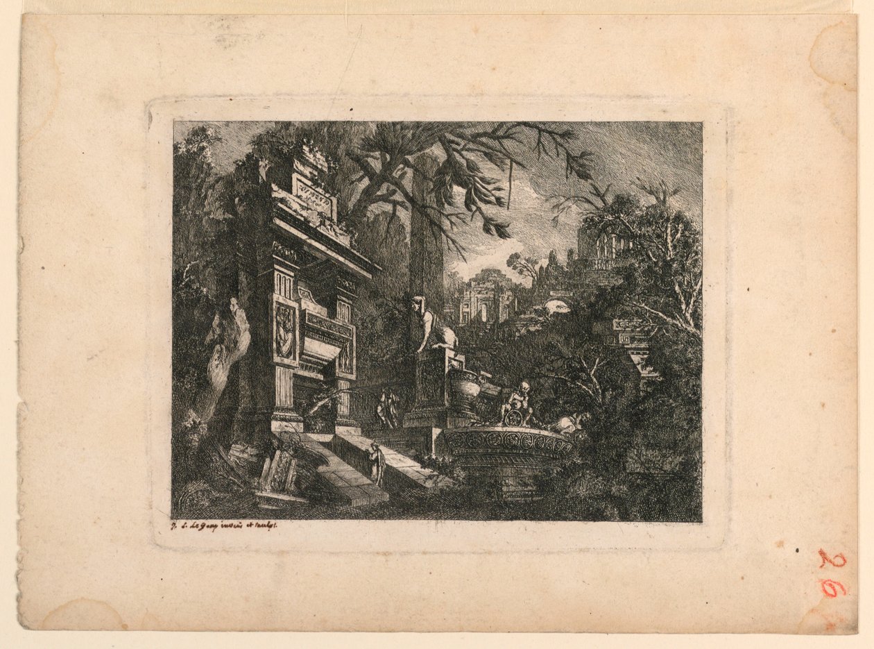 Architektonická fantazie s hrobkou a ruinami, deska z "Giovan Inventione Ruins. Loren, Legeay Architet. Vyřezal sám v Luce 1768" od Jean Laurent Legeay