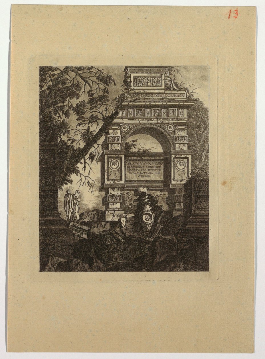 Frontispis, vynález vasi, z "Sbírka různých předmětů váz, hrobek, ruin a fontán, užitečných umělcům..." od Jean Laurent Legeay