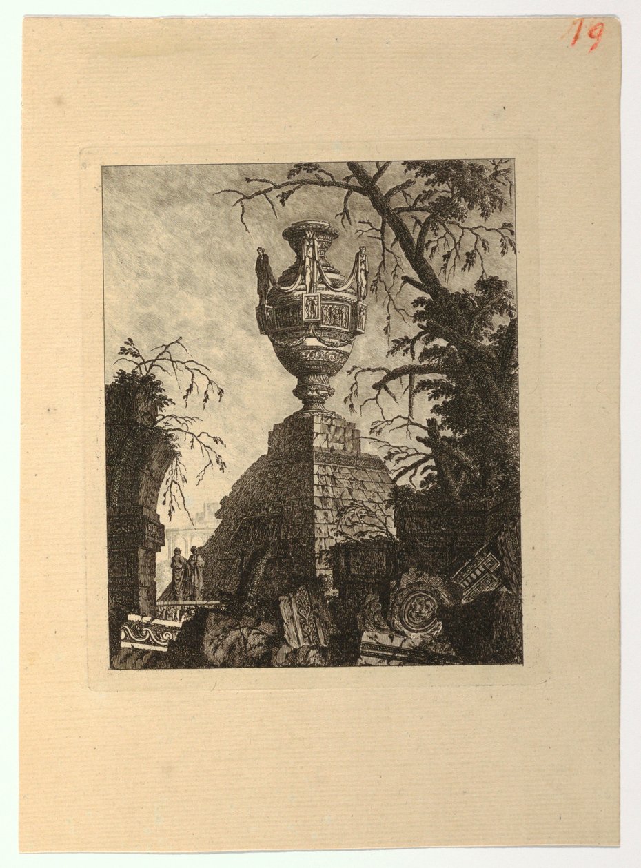 Pyramida převýšená monumentální vázou ze "Sbírka různých námětů váz, hrobek, ruin a fontán, užitečných umělcům..." od Jean Laurent Legeay