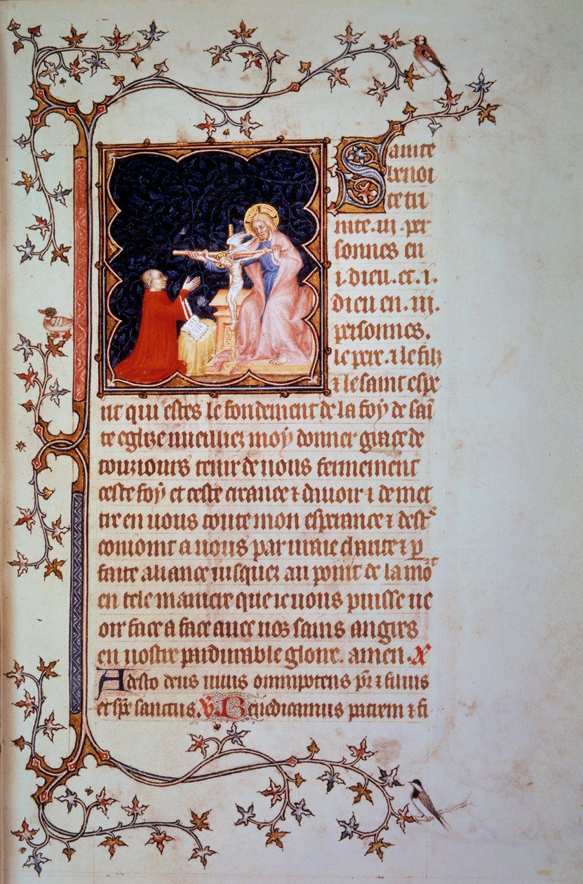 Vévoda Jan I. z Berry (1340-1416) před miniaturou Nejsvětější Trojice převzaté z rukopisu (ms. lat. 18014) „The Little Hours of John of Berry““ osvíceného Johnem Černým, kolem roku 1375. Paříž, B.N. od Jean Le and workshop (attr. to) Noir