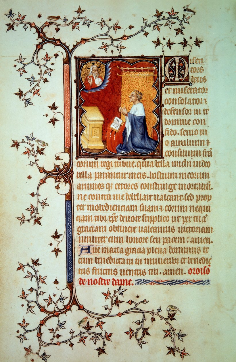 Vévoda Jan I. z Berry (1340-1416) se modlil před Bohem, který mu požehnal Miniaturu z rukopisu (ms. lat. 18014) „The Little Hours of John of Berry““, kterou osvětlil John Černý, kolem roku 1375. Paříž, B.N. od Jean Le and workshop (attr. to) Noir
