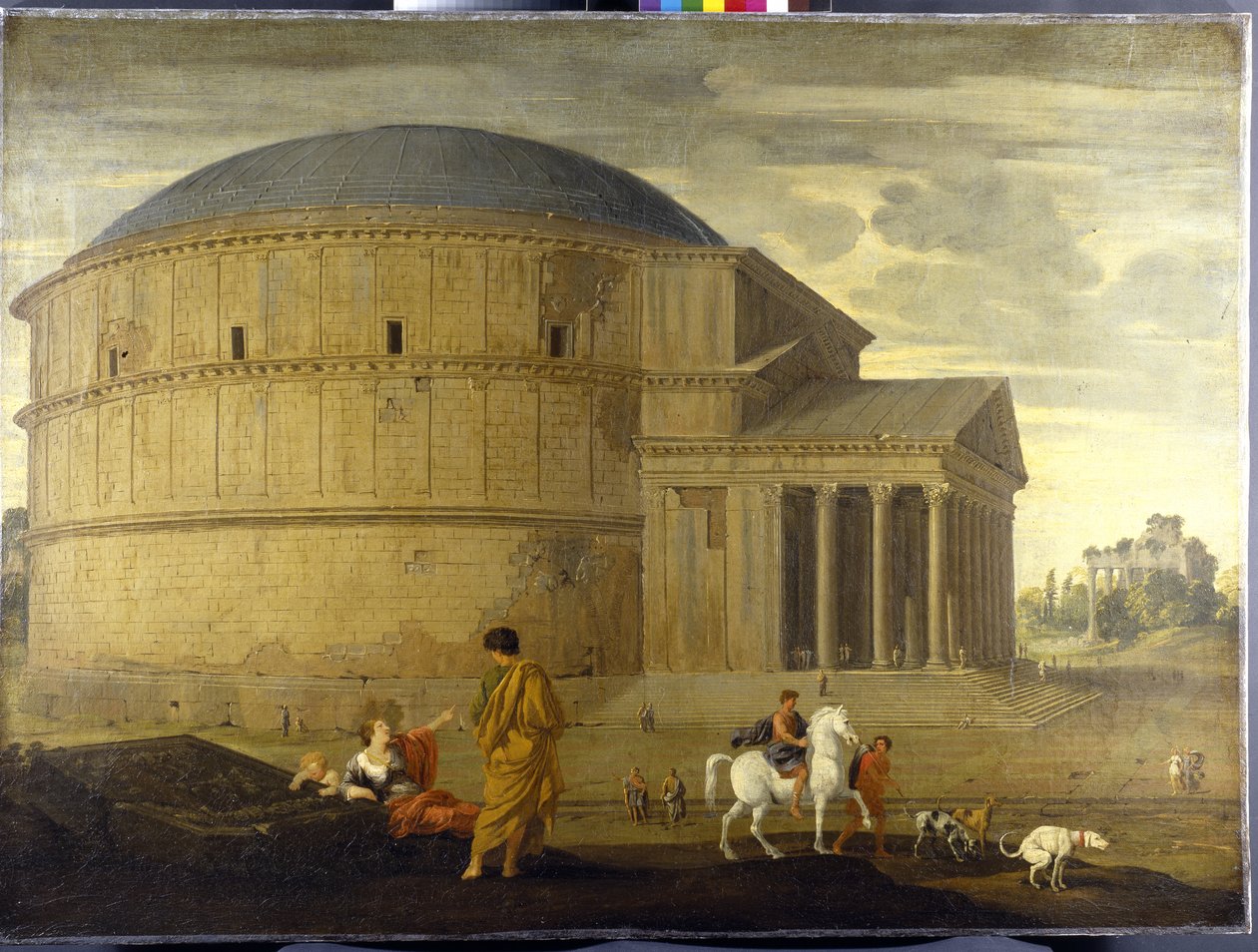 Capriccio pohled na Pantheon s Vespasianovým chrámem (olej na plátně) od Jean Lemaire