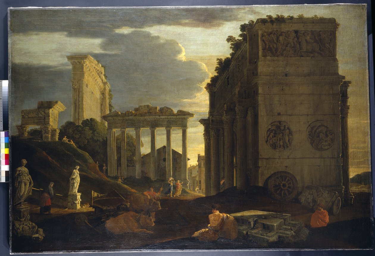 Capriccio pohled s postavami u vítězného oblouku a chrámy Saturn a Jupiter Tonans (olej na plátně) od Jean Lemaire
