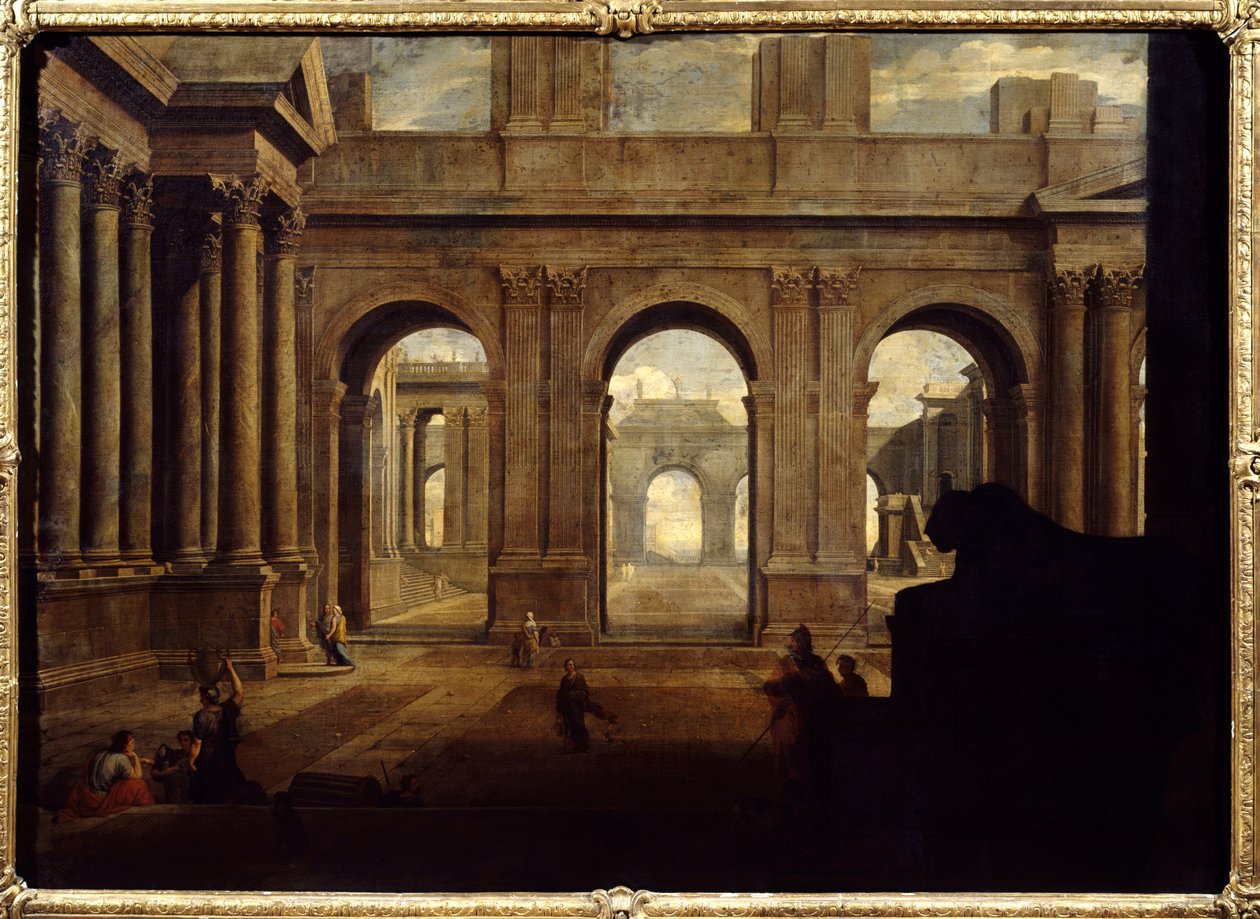Pohled na obraz imaginárního paláce od Jeana Lemairea (1598-1659) Paříž 17. století, muzeum Louvre. od Jean Lemaire