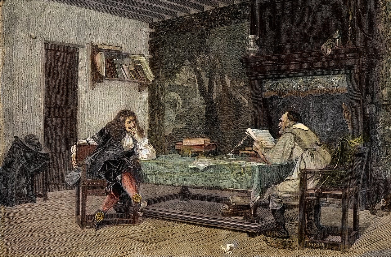 Spolupráce mezi Jean Baptiste Moliere a Pierre Corneille French dramatis - „“ Autoři Jean-Baptiste (Jean Baptiste) Poquelin dit Moliere (1622-1673) a Pierre Corneille (1606-1684)““ rytina podle obrazu Jean-Leon (Jean Leon) Gerome od Jean Leon (after) Gerome
