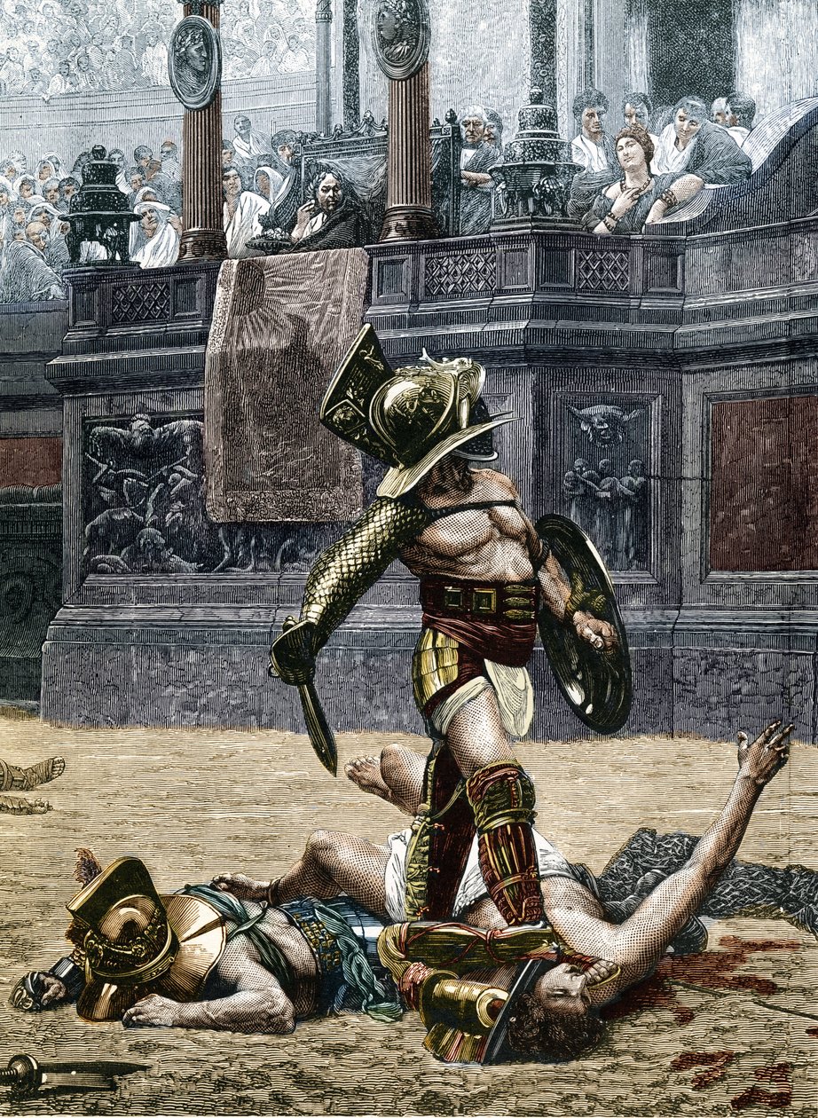 Gladiátoři v římské aréně. Diváci varují vítěze, aby nešetřil svého soupeře, kterého porazil, a usmrtili ho. Rytina podle detailu obrazu od Jean Leon (Jean-Leon) Gerome (1824-1904) od Jean Leon (after) Gerome