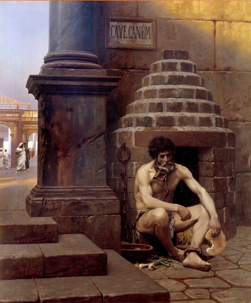 Cave canem Válečný zajatec v Římě, řetěz jako pes na rohu ulice „“Pozor na psa“““. Obraz Jean Leon Gerome (1824-1904) 19. století Sun. 1,06x0,9 m Vesoul, musee Georges Garret - Cave Canem; Válečný zajatec v Římě, připoutaný jako a od Jean Leon Gerome