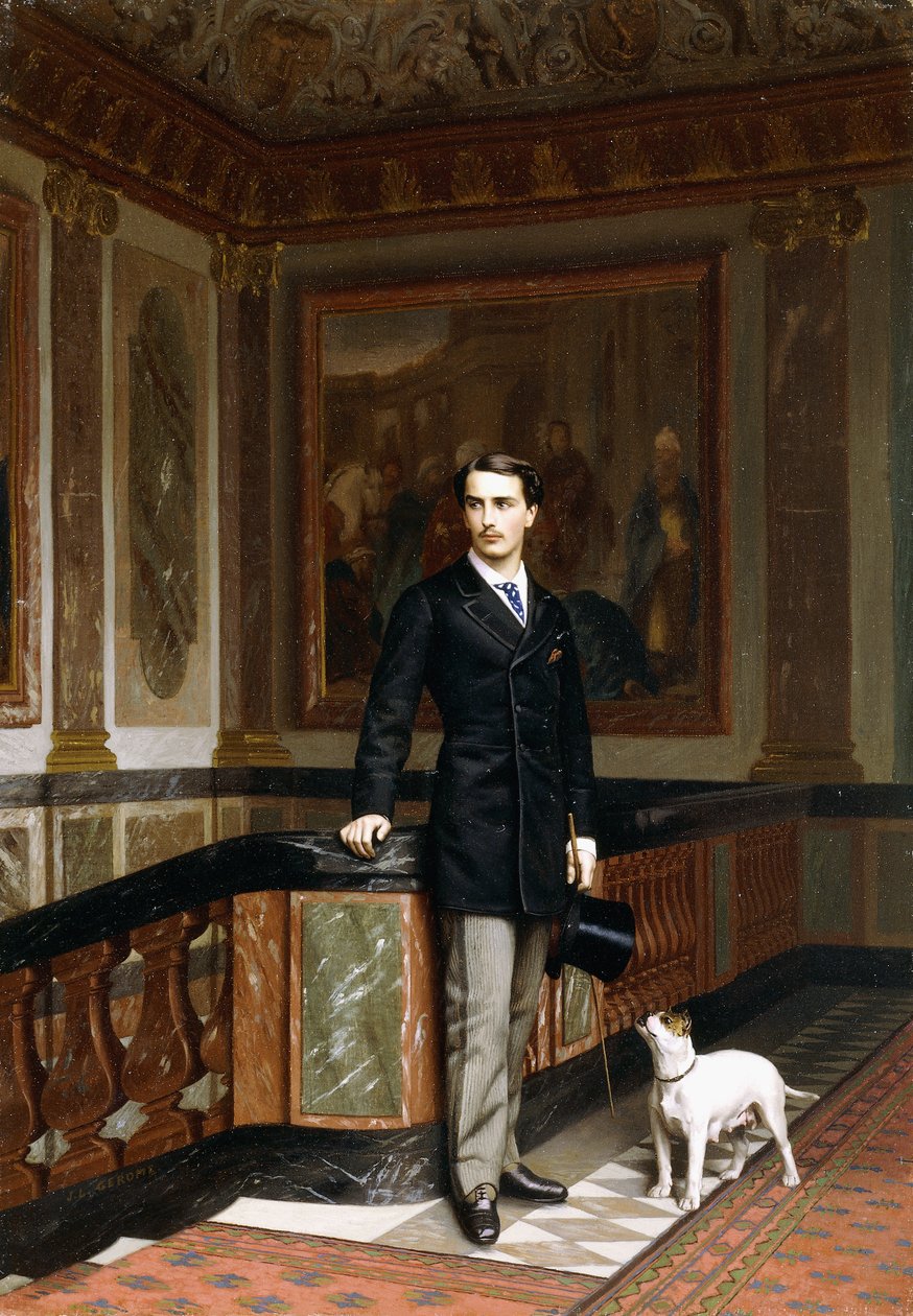 Conte de la Rouchefoucauld Duc de Doudeauville se svým teriérem, kolem 70. let 19. století od Jean Leon Gerome
