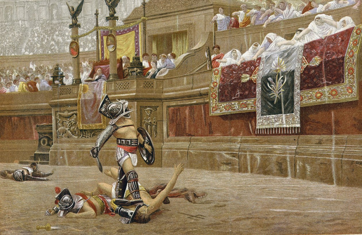 Gladiátoři v římské aréně: diváci dávají "palec dolů", čímž dávají najevo, že vítěz nemá svého protivníka šetřit. Chromolitografie podle obrazu JL Geroma. od Jean Leon Gerome