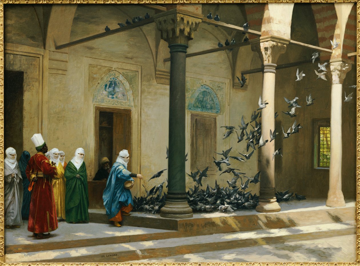 Harémové ženy krmící holuby na nádvoří od Jean Leon Gerome