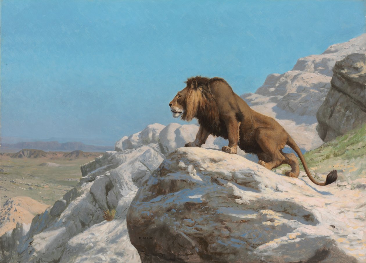 Lev na stráži, asi 1885 (olej na dřevěné desce) od Jean Leon Gerome