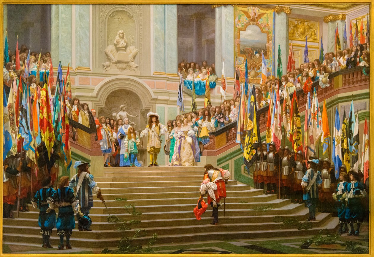 Přijetí Louise 2 de Bourbon Conde řekl Grand Conde králem Ludvíkem 14 ve Versailles v roce 1674 od Jean Leon Gerome