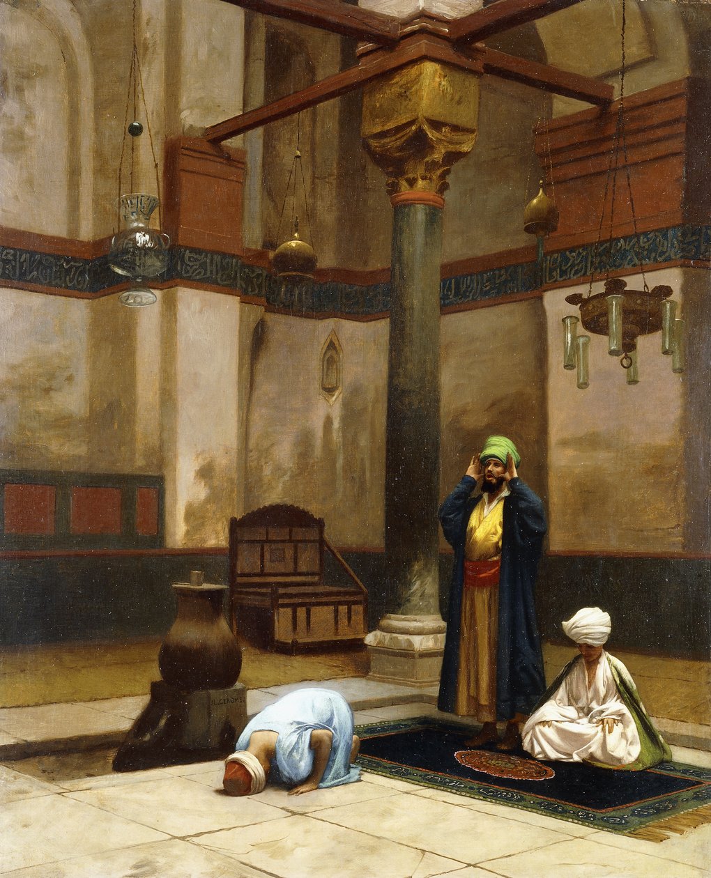 Tři lidé se modlí v Rohové mešitě; Tři postavy se modlí v rohu mešity, od Jean Leon Gerome